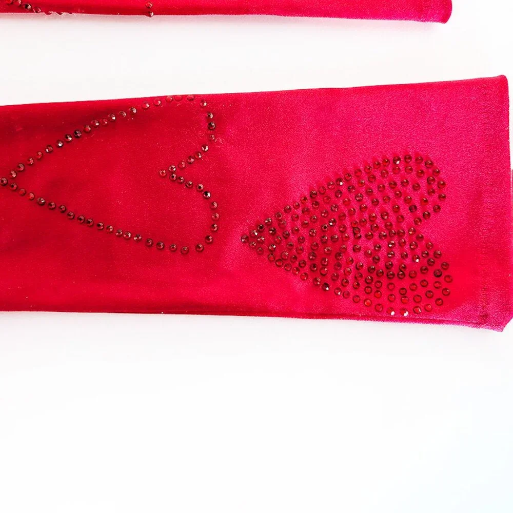 Red Extra Long Satin Gloves with Rhinestones